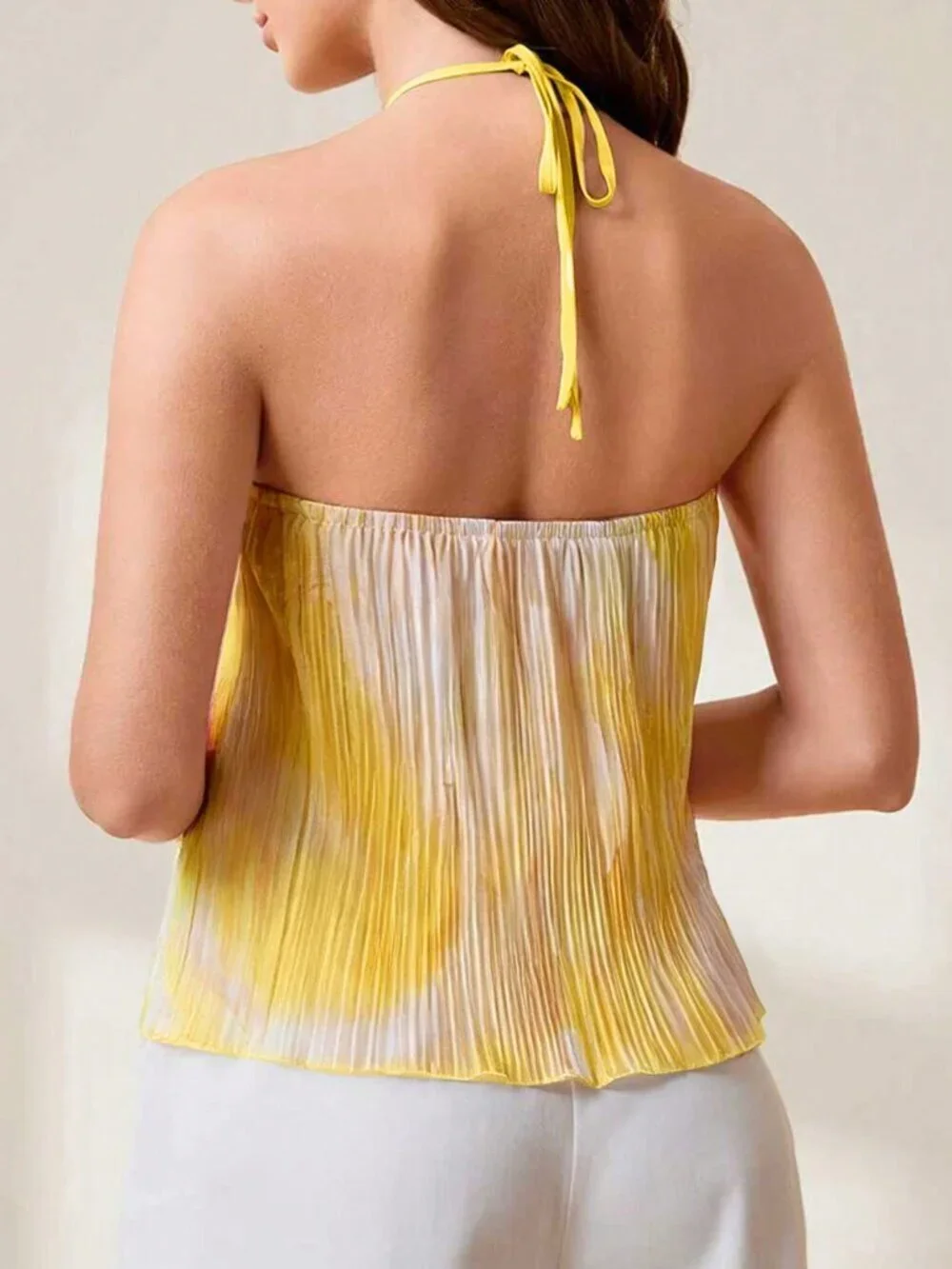 Yellow Casual Women's Knitted Pleated Floral Print Sleeveless Halter Top